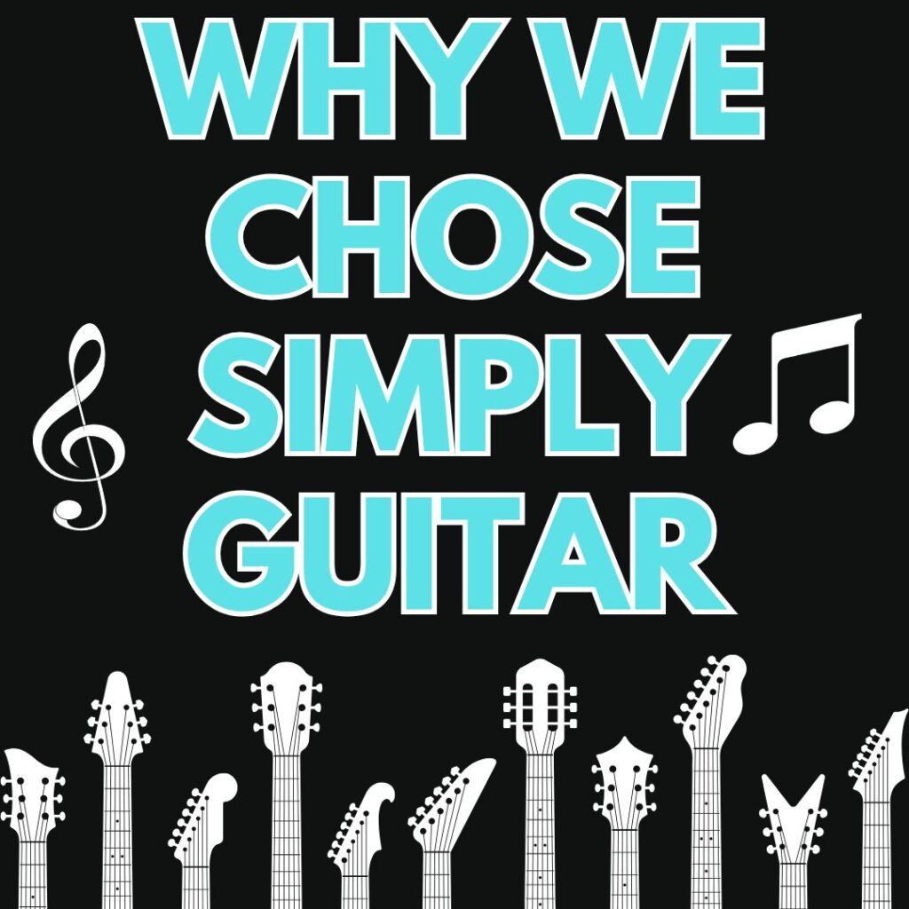Text reads "Why we chose Simply Guitar" in bold letters, surrounded by white guitar headstocks, a treble clef, and a musical note on a black background. Highlight the 14 Day Free Trial offered by Simply Guitar.