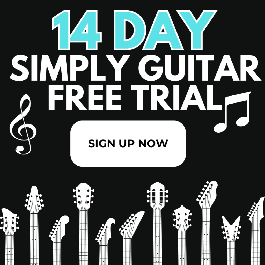 Promotional graphic for a Simply Guitar free trial, featuring guitar neck illustrations and a bold "Sign Up Now" button inviting users to start their 14 Day Free Trial.