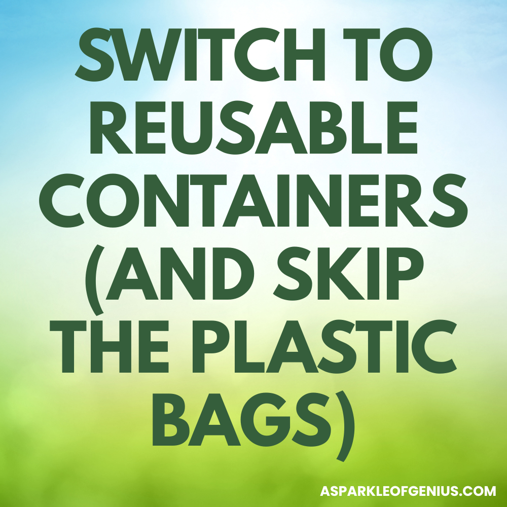 Text graphic with the message: "Switch to reusable containers (and skip the plastic bags)" on a blurred green and blue background—perfect for sharing zero waste tips or inspiring your zero waste home.