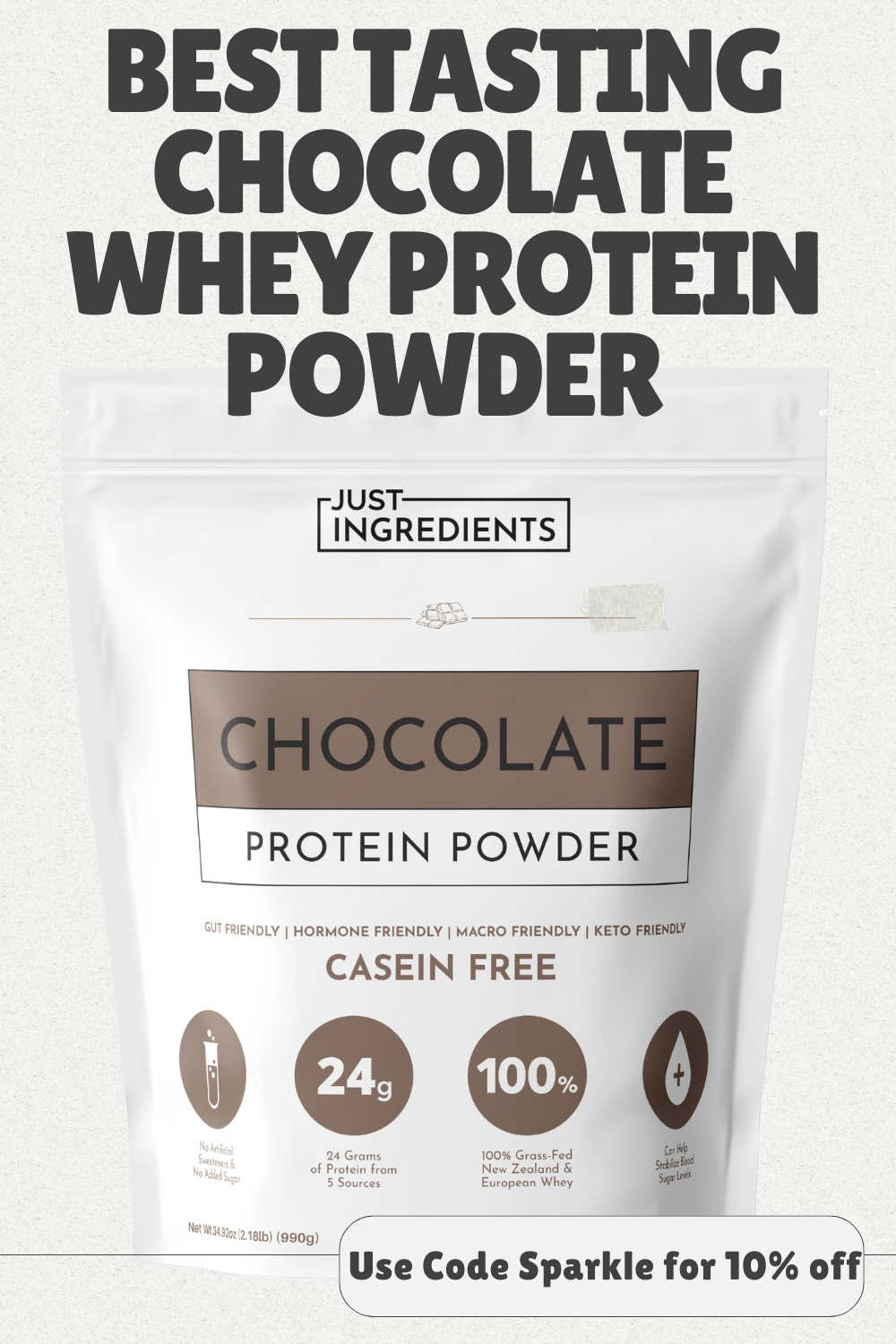 Best tasting chocolate whey protein powder made with 100% grass-fed whey and no artificial ingredients. Use code SPARKLE to save 10% on Just Ingredients.