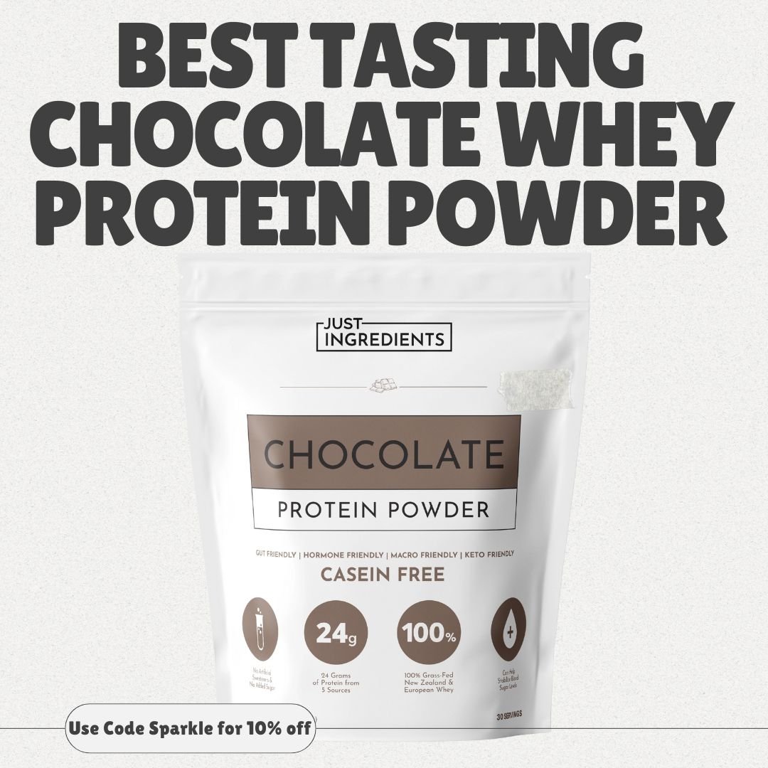 Just Ingredients Chocolate Protein Powder with text 'Best Tasting Chocolate Whey Protein Powder' and a coupon code note: Just Ingredients Code SPARKLE for 10% off.