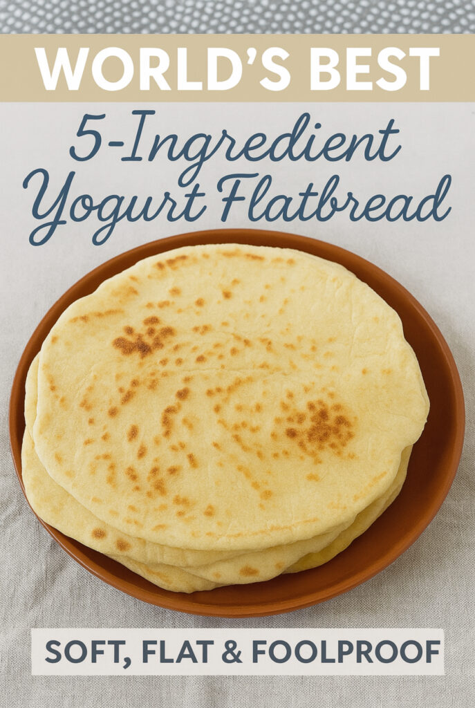 A brown plate holds several stacked, round, golden flatbreads. Text over image reads: "World's Best 5-Ingredient Yogurt Flatbread. Soft, Flat & Foolproof. Easy No Yeast Flatbread Recipe.