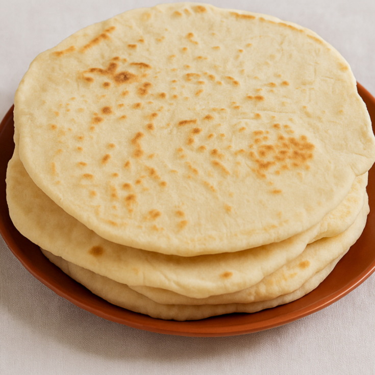 A stack of plain, round yogurt flatbread sits on a brown plate atop a light-colored surface—an easy flatbread recipe perfect for making no yeast flatbreads at home.