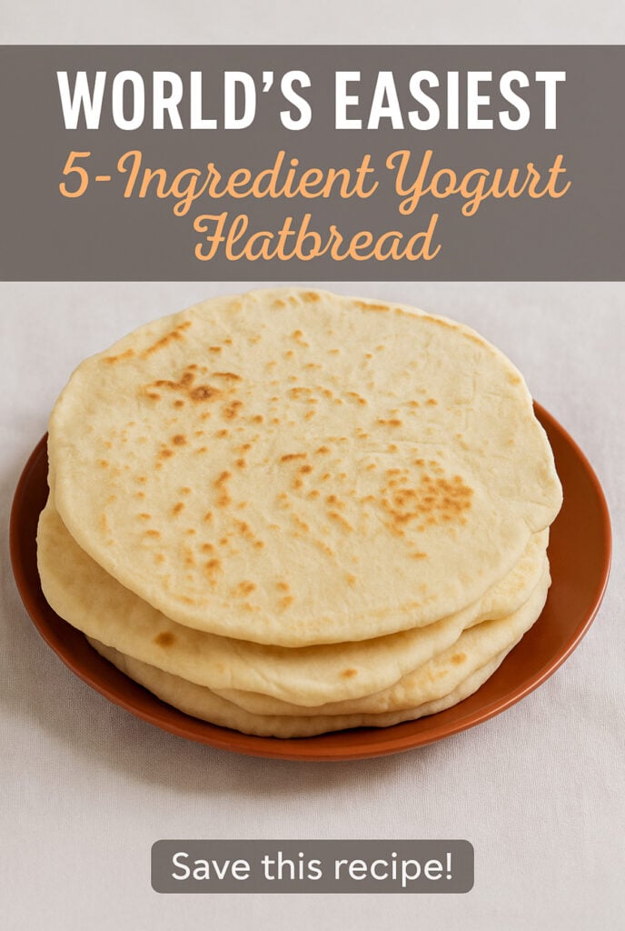 A stack of round, golden flatbreads sits on a brown plate; text reads "World’s Easiest 5-Ingredient Yogurt Flatbread—No Yeast Flatbreads. Save this easy flatbread recipe!.
