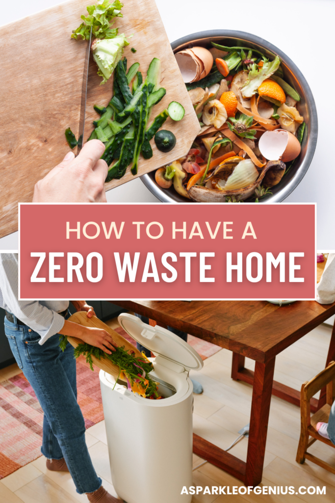 A person places vegetable scraps into a compost bin in a kitchen. Text overlay reads: "Zero Waste Tips for a Zero Waste Home." Website URL appears at the bottom right.