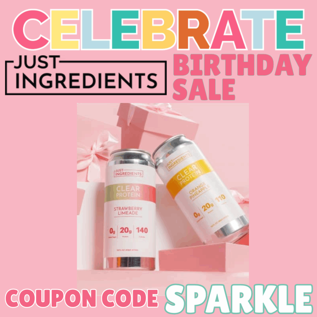 Two new clear protein drinks from Just Ingredients surrounded by gift boxes.