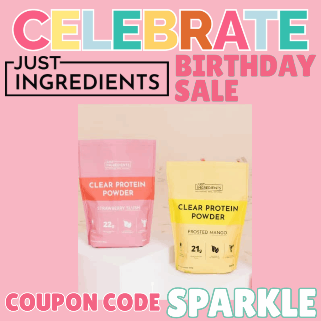New Just Ingredients clear protein powder flavors in pink and yellow packaging on display.