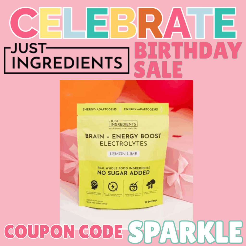 Lemon Lime flavor of the Brain + Energy Boost Electrolyte powder from Just Ingredients with balloons in the background.