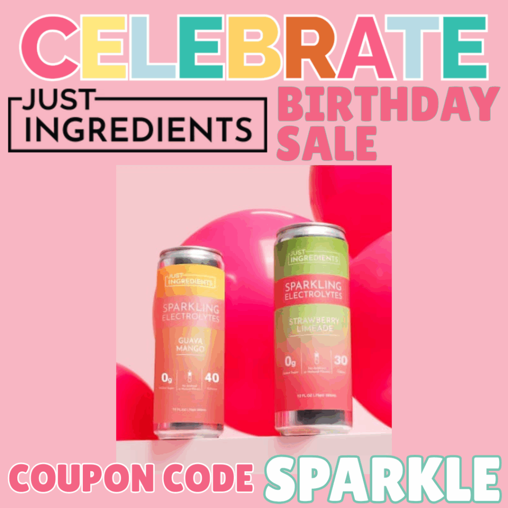 Just Ingredients Sparkling Electrolyte drinks in Guava Mango and Strawberry Limeade surrounded by bright balloons.