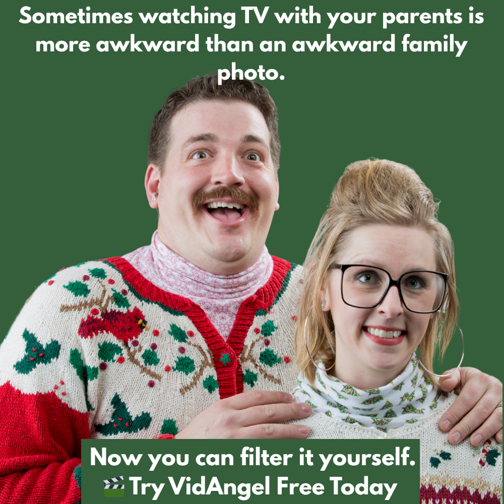 A man and woman in festive sweaters pose awkwardly; text above compares watching TV with parents to an awkward family photo and promotes VidAngel filtering service. Try it at vidangel.com with a 30 Day Free Trial.