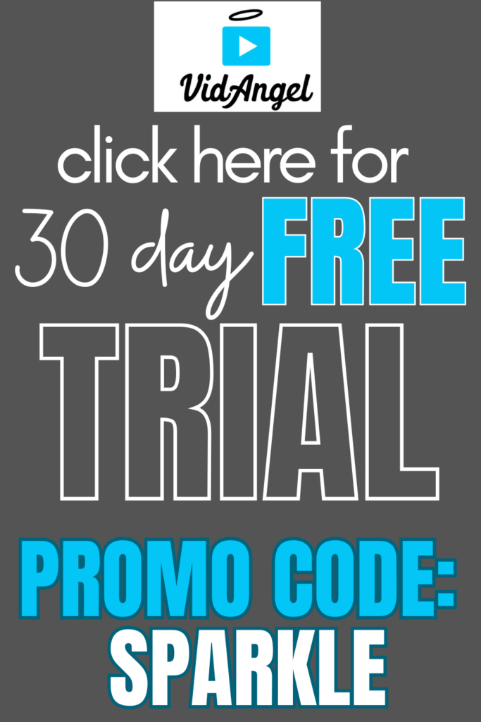VidAngel promotion offering a 30-day free trial with the promo code "SPARKLE" on a gray background.