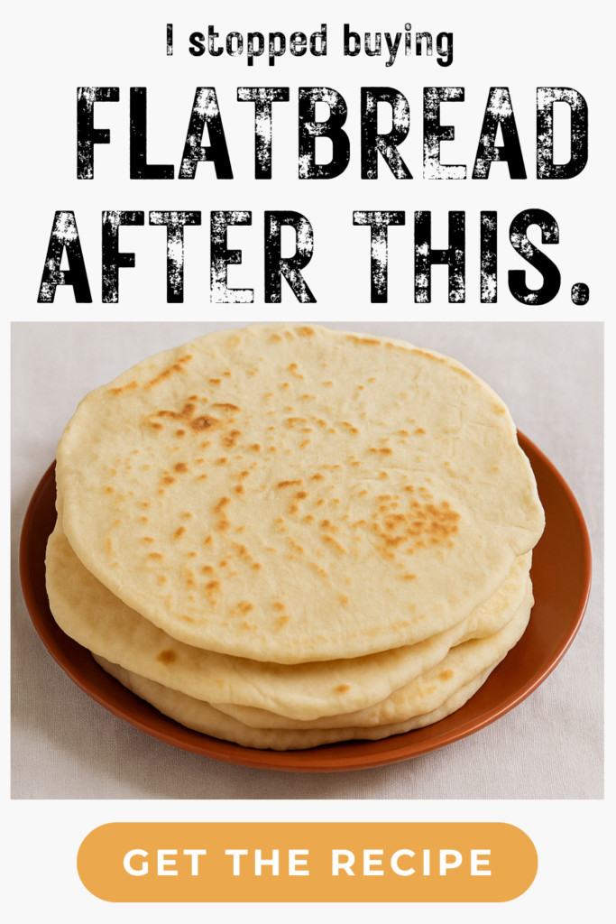 A stack of homemade flatbreads sits on a brown plate, with text above inviting viewers to try this easy yogurt flatbread recipe and a button below to get the recipe.