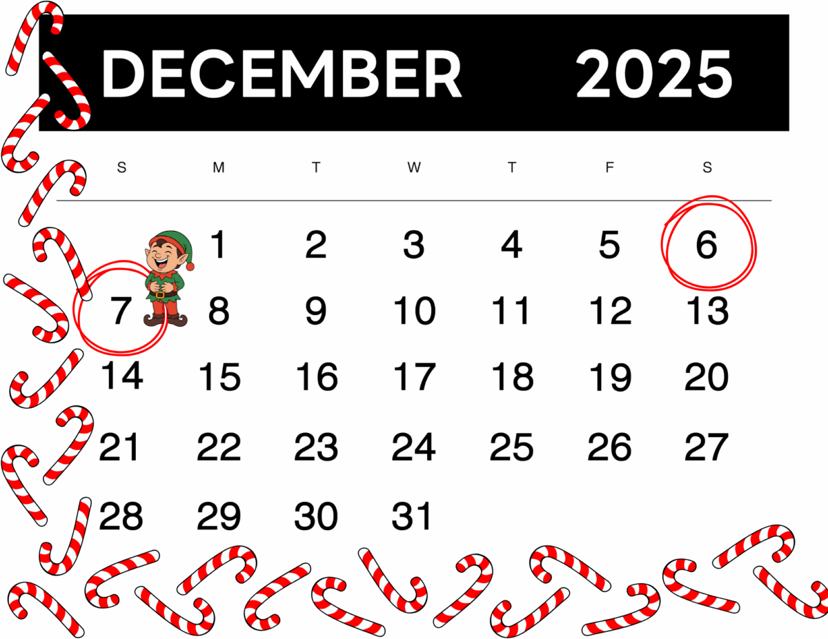 December 2025 calendar with candy cane border and the dates 6 and 7 circled for the 6 7 elf weekend printable, featuring a small festive elf illustration.