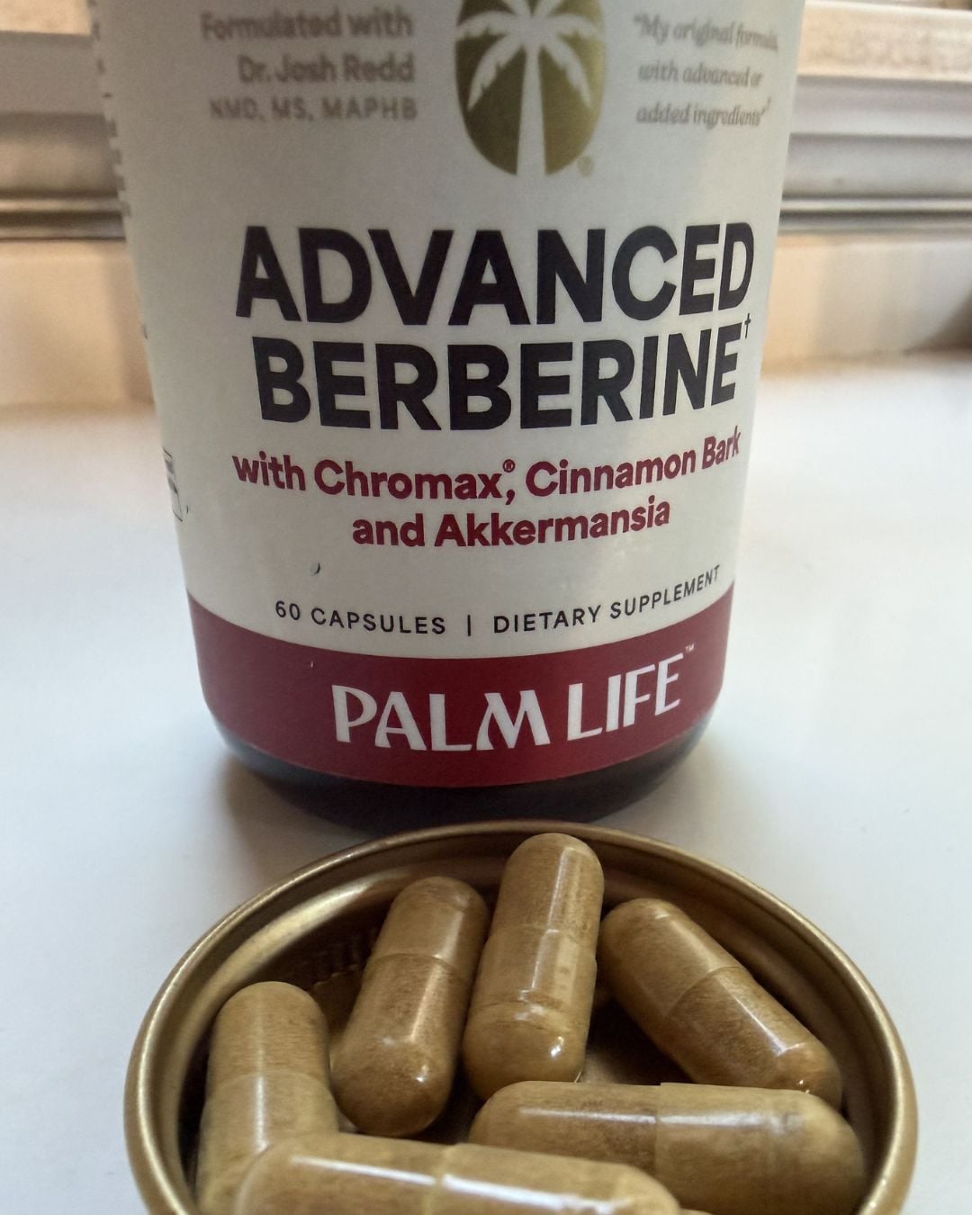 Palm Life Advanced Berberine supplement with capsules in front of the bottle