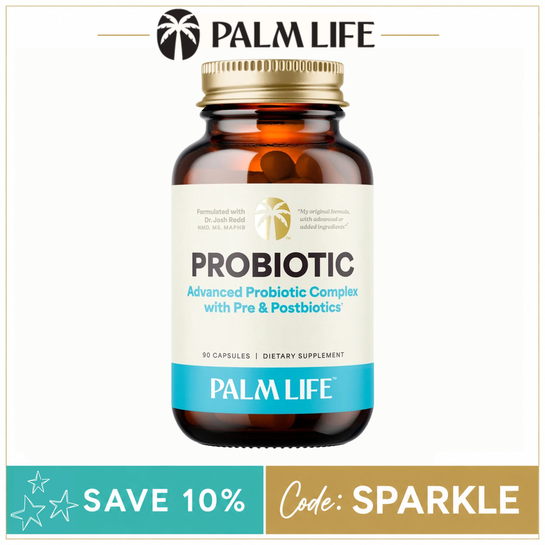 Bottle of palm life probiotic complex.